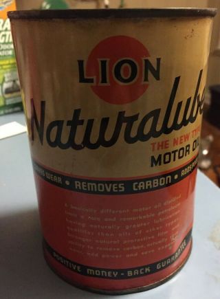 Lion Oil Refining Co El Dorado Ar Vintage Metal Naturalube Oil Can 1qt.