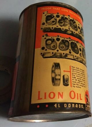 LION OIL REFINING CO el dorado AR vintage metal NATURALUBE oil can 1qt. 5