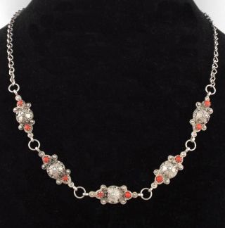 Antique Vintage Etruscan Revival Sterling Silver Red Coral Cabochons Necklace