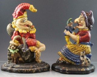 Large Pair Vintage Cast Iron Punch & Judy Door Stops Hand Painted 12 " High