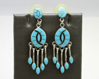 Vintage Native American Zuni Signed Me Turquoise Inlay Sterling Stud Earrings