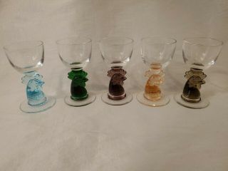 Vintage Heisey Set Of 5 Color Cocktail Glass Rooster Stem 3 1/2  Cordial