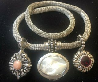 Vintage Sterling Silver Designer Signed Espo Sig Mesh Necklace 3 Pendants