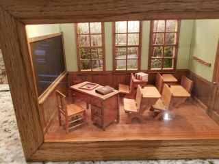 Antique / Vintage Handmade Miniature Dollhouse One - Room Schoolhouse Diorama
