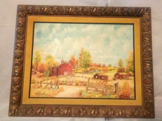 Vintage Oil On Board Painting Red Barn Buildings Autumn De Haven 1961