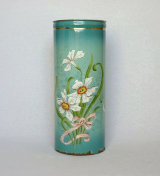 Rare Fabulous French Enamelware Umbrella Stand With Large Floral Motif In Relief