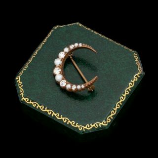 Antique Vintage Nouveau 14k Rose Gold Filled Gf Pearl Paste Crescent Pin Brooch