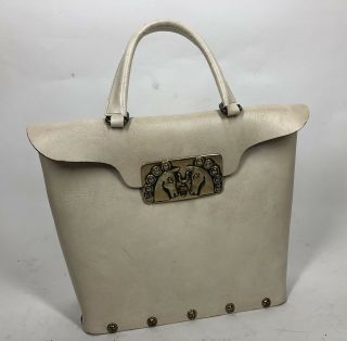 Rare Vtg 60s 70s White Leather Enid Collins Purse Bucket Bag Brass Horse