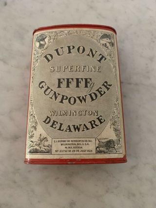 1924 Dupont Superfine Ffff Gun Powder 1lb.  Can Tin 1924 Delaware 1lb.  1oz.