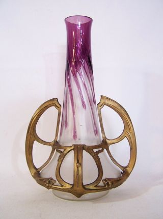 Vintage Art Nouveau Bohemian Art Glass Vase Bronze Ormolu Mounting Loetz Kralik