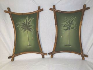 Vintage Bamboo Framed Palm Tree Paintings Tiki Decor