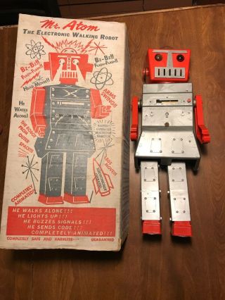 Vintage Mr.  Atom The Electronic Walking Robot.  Box 1950s The Advanced Doll & Toy