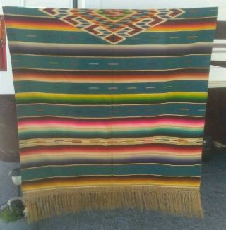 Colorful Vintage Mexican Serape Saltillo Wool Rug Blanket Long Fringe 46x88