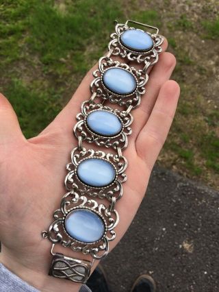 Antique Danecraft Sterling Silver Blue Moonstone Glass Ornate Big Wide Bracelet