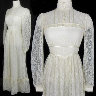 Vtg 70s Gunne Sax Sheer All Lace Victorian Boho Prairie Wedding Maxi Dress Xs