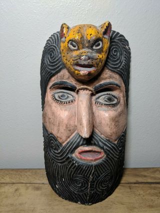 Vtg Mexican Hand Carved Wooden Mask Michoacan Hermit & Jaguar 15 " X9 " Tribal Folk
