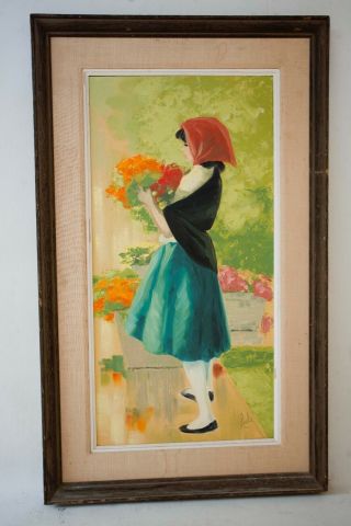 Vintage Oil On Canvas Board Painting French Flower Girl Signed Loulie 38 " X 23 "