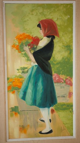 VINTAGE OIL ON CANVAS BOARD PAINTING FRENCH FLOWER GIRL SIGNED LOULIE 38 