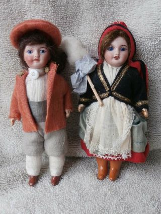 Pair Antique Or Depression Era German Bisque Head Dolls 5 "