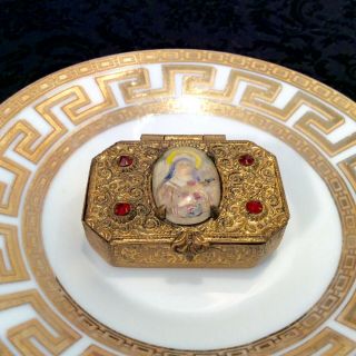 Vintage Ormolu Brass Reverse Painted St Theresa Snuff Trinket Box