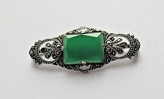 1920s Art Deco 835 Silver Marcasites And Chalcedony Brooch - Hallmarked