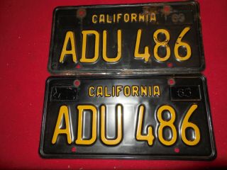 Vintage Black And Gold California License Plate Set Adu 486 1963 Yom Corvette