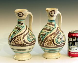 Pair Old Vintage Punter Spanish Pottery Faience Majolica Gambone Era Pitcher Jug