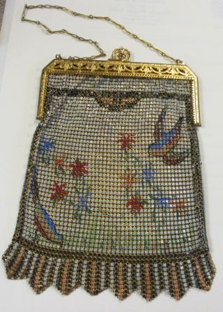 Vintage Whiting And Davis Chain Mesh Purse With Birds And Flowers