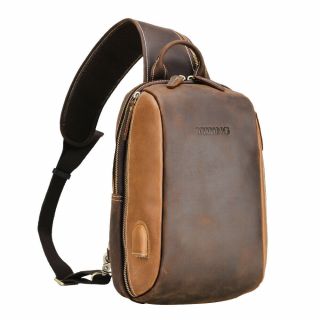 Men Vintage Real Leather Single Strap Shoulder Bag Sling Bag Chest Pack Backpack