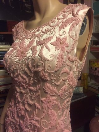 Vintage 1960s Hong Kong Heavy Hand Beaded Fitted Pearls Pink Satin Party Dress