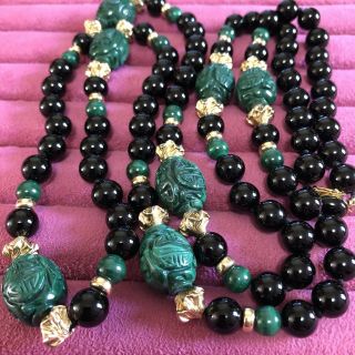 Vintage Onyx And Malachite Carved Long Chinese/japanese Necklace 925