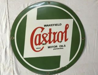 Vintage Porcelain Castrol Wakefield Motor Oils 24” Enamel Sign.