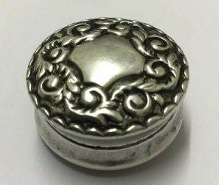 Antique Victorian Solid Silver Pill / Patch Box,  Repousse,  Birmingham,  1898.