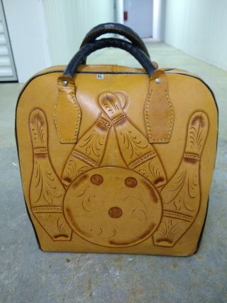 Hand Tooled Leather Bowling Ball Bag Vintage Mid Century W Pins Matidor Euc