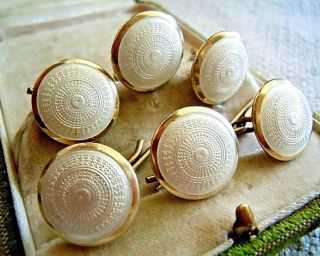 Antique Set Of 6 Edwardian Sterling White Guilloche Enamel Button Studs 1 Cuflnk