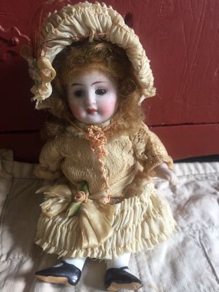 Antique Bisque German Doll 6” Brown Sleep Eyes French Outfit