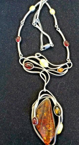 Vintage Sterling Silver Natural Amber Necklace Art Nouveau Baltic Honey