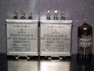 Two vintage Siemens PIO capacitors 2x2 uF / 400V Klangfilm,  glass end seal 4