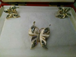 Vtg Crown Trifari Figural Butterfly Pin Brooch With Clip Earrings