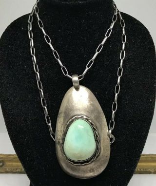 Vintage Old Pawn Navajo Sterling Turquoise Large Pendant 17” Chain Necklace