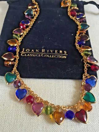 Vintage Joan Rivers Colorful Heart Charms Faceted Beads 27 " Necklace W/ Pouch