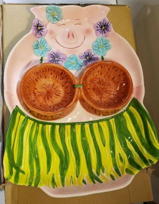 Clay Art Hula Pig Platter Tray 3d Chip Dip Vintage Rare Unique Luau Party