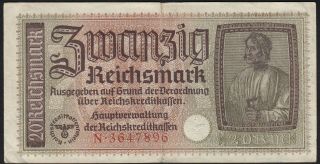 1940 - 1945 20 Reichsmark Germany Nazi Money Swastika 3rd Reich Wwii Banknote Vf