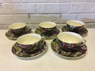 Vintage Myott Son & Co Staffordshire Bermuda Pattern Set Of 5 Cups & Saucers