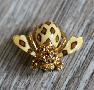 Vintage Joan Rivers Leopard Cream Gold Tone Rhinestone Bee Bug Insect Pin Brooch
