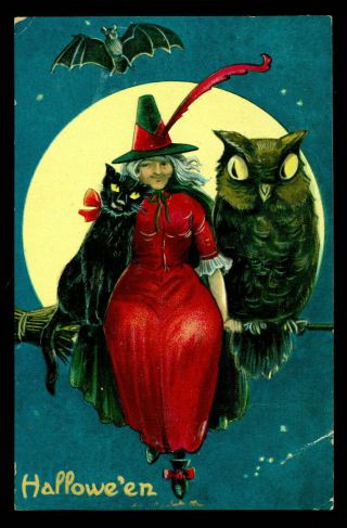 Vintage Halloween Postcard 1910s Large Owl Black Cat & Red Robe Witch