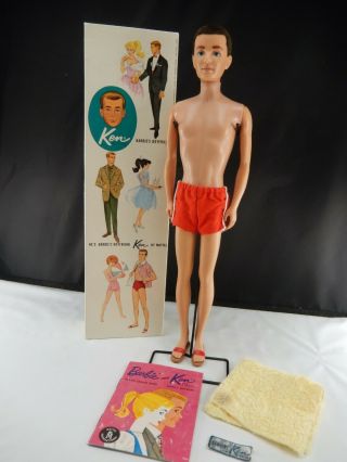 Vintage Barbie 1961 - 62 Brunette Flocked Ken Doll W/ Box Wrist Tag 750
