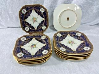 Vintage Black Knight Cobalt Blue & Floral Pattern Gold Trim Plates Set Of 11 Usa
