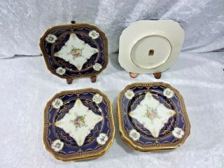 Vintage Black Knight Cobalt Blue & Floral Pattern Gold Trim Plates Set of 11 USA 2