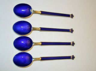 David Andersen Sterling Silver Cobalt Blue Enamel Spoons Boxed Set of 4 2